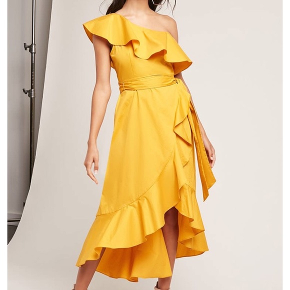 yellow one shoulder ruffle dress